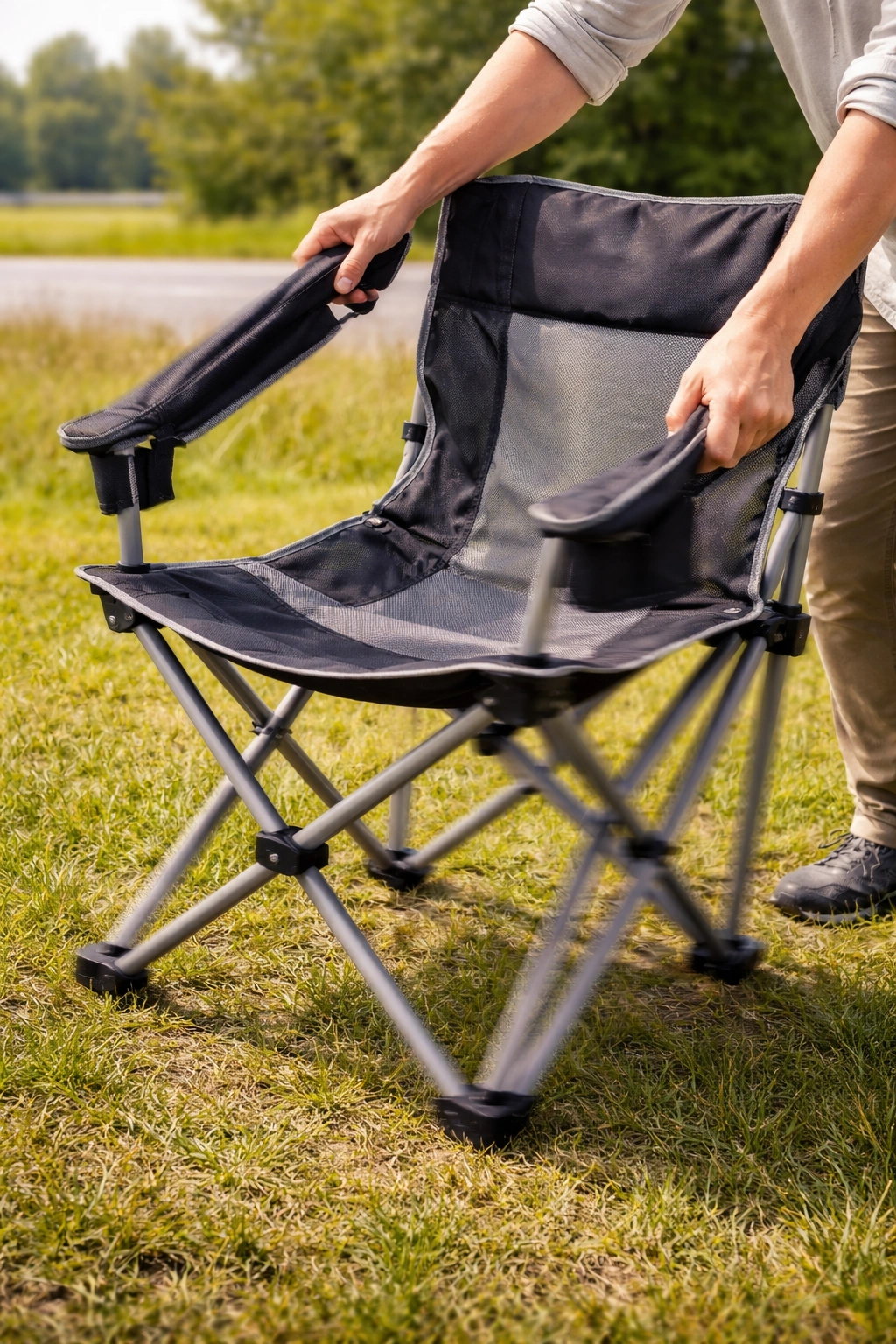 Side angle of a high-back camping chair with padded armrests and mesh back panel on a gravel campsite at afternoon