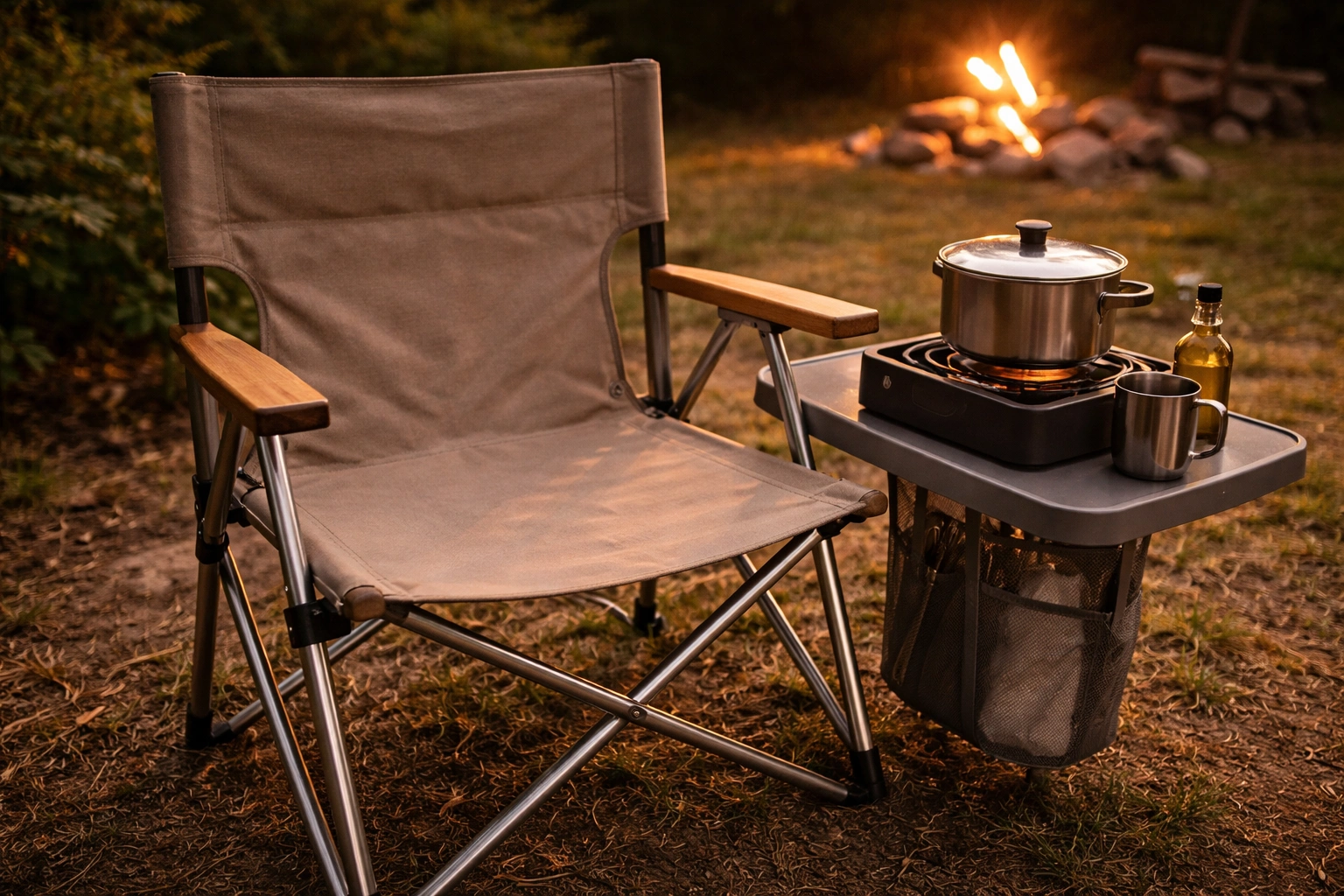 Director-style camping chair with wooden armrests and side table at a campsite with camp stove and cooking pot on the table