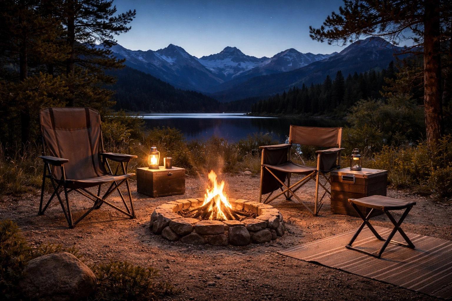 Panoramic dusk view of roadside campsite with three different camping chairs arranged around a fire ring under twilight sky with mountain silhouettes