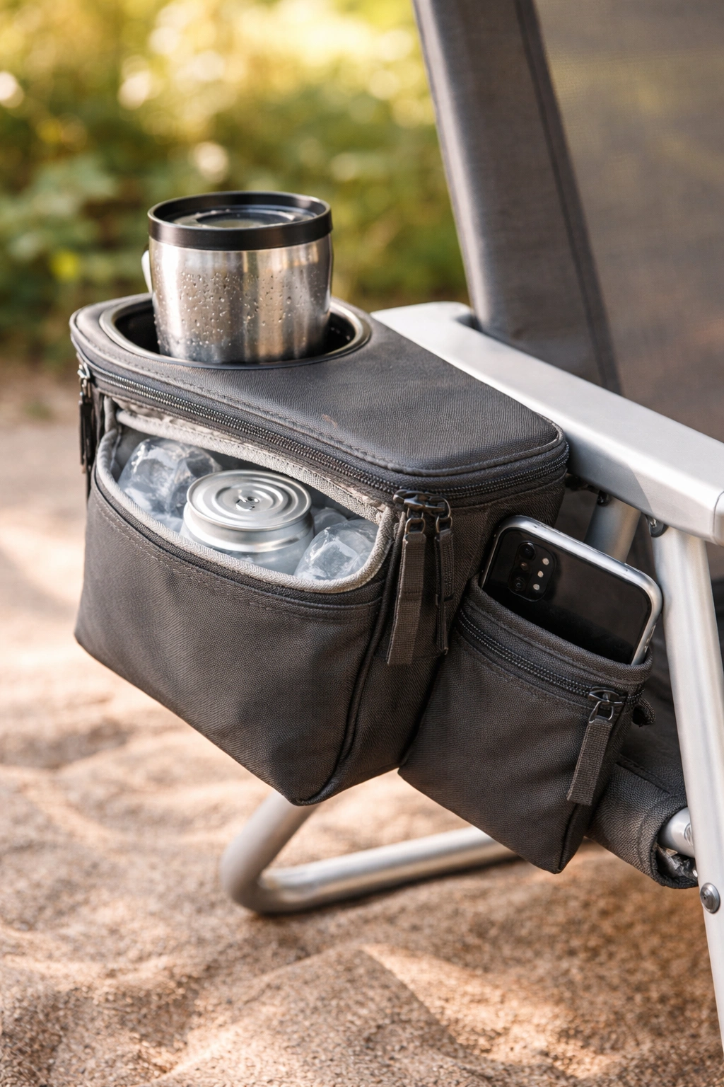 Close-up of camping chair armrest showing insulated cooler pouch with beverage, zippered pocket, and cup holder