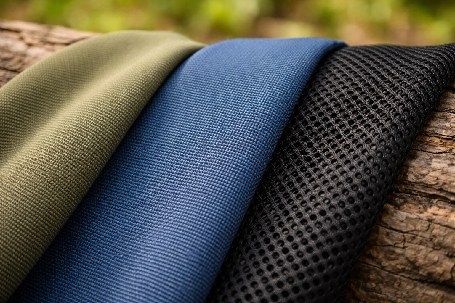 Macro close-up of three fabric swatches on a campsite log showing olive canvas blue polyester and black mesh textures