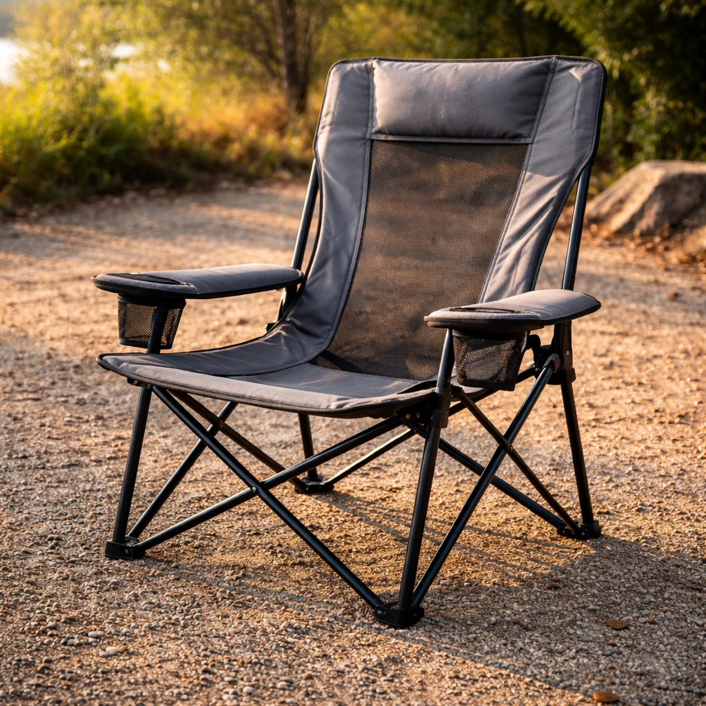 Mid-action shot of hands unfolding a camping chair in one fluid motion at a grassy roadside rest area