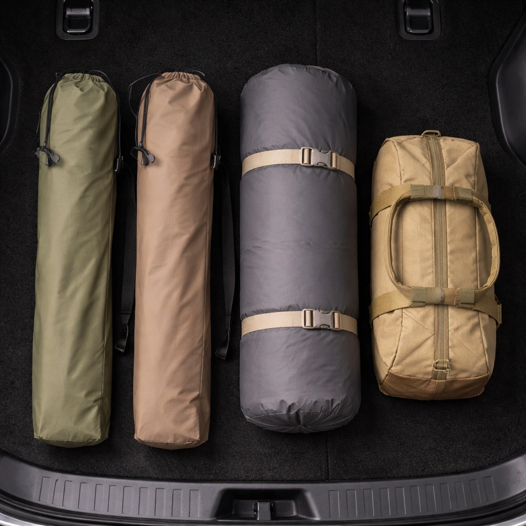 Top-down view of two folded camping chairs in carry bags packed neatly in an SUV trunk next to a sleeping bag