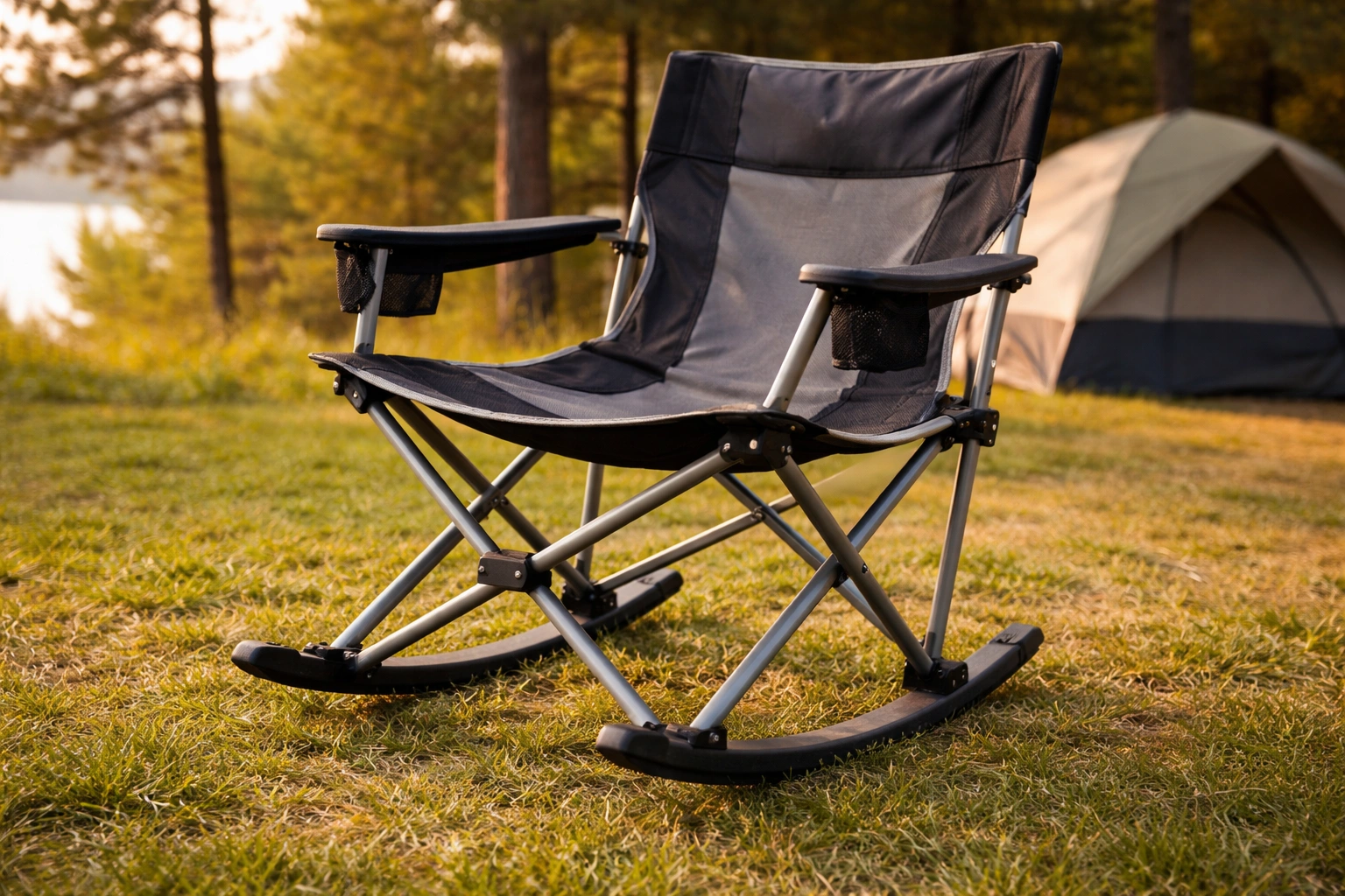 Rocking camping chair with curved base rails on grassy campsite at golden hour with pine trees and tent blurred in background