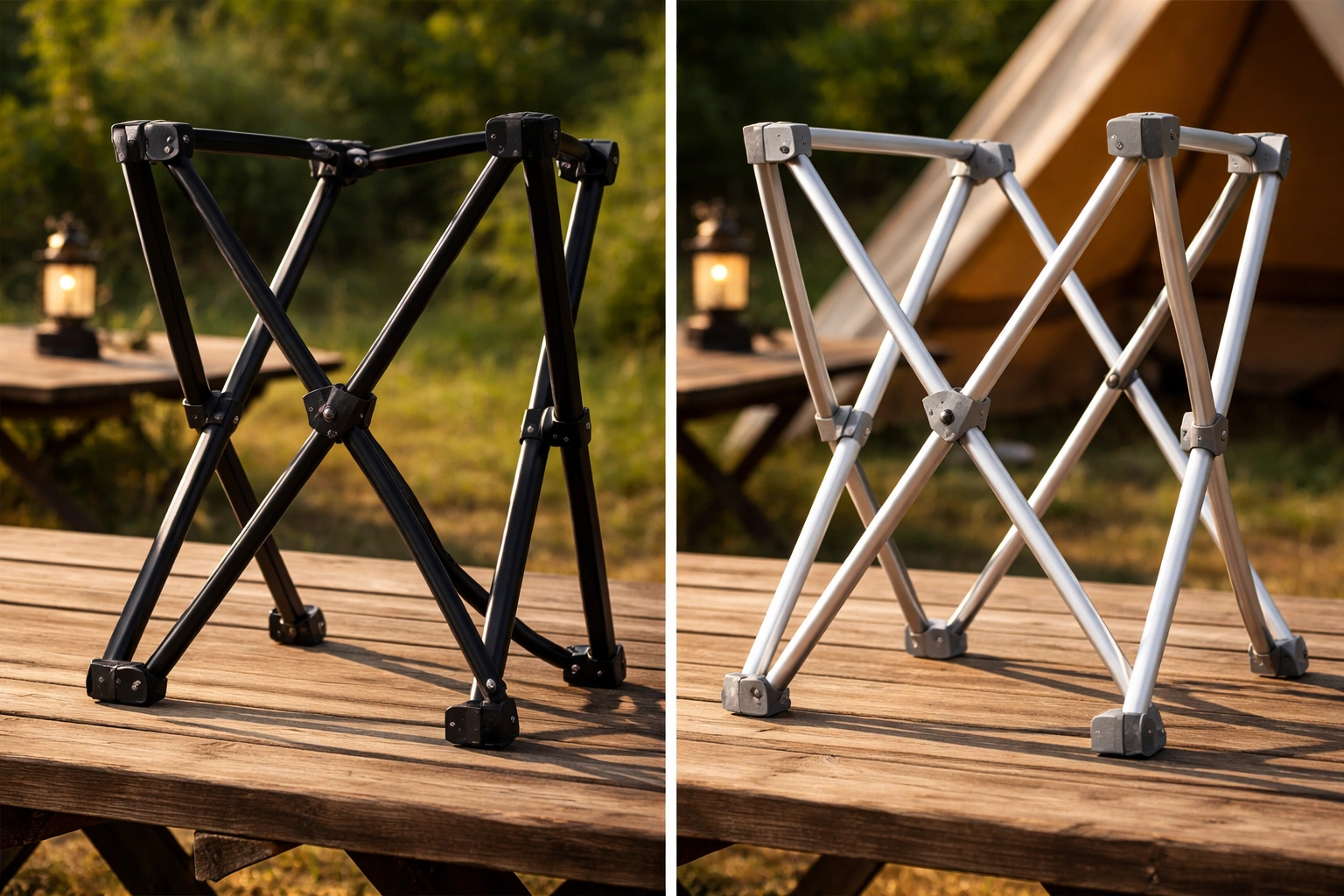 Side-by-side comparison of matte black powder-coated steel chair frame and brushed silver aluminum frame on a wooden picnic table