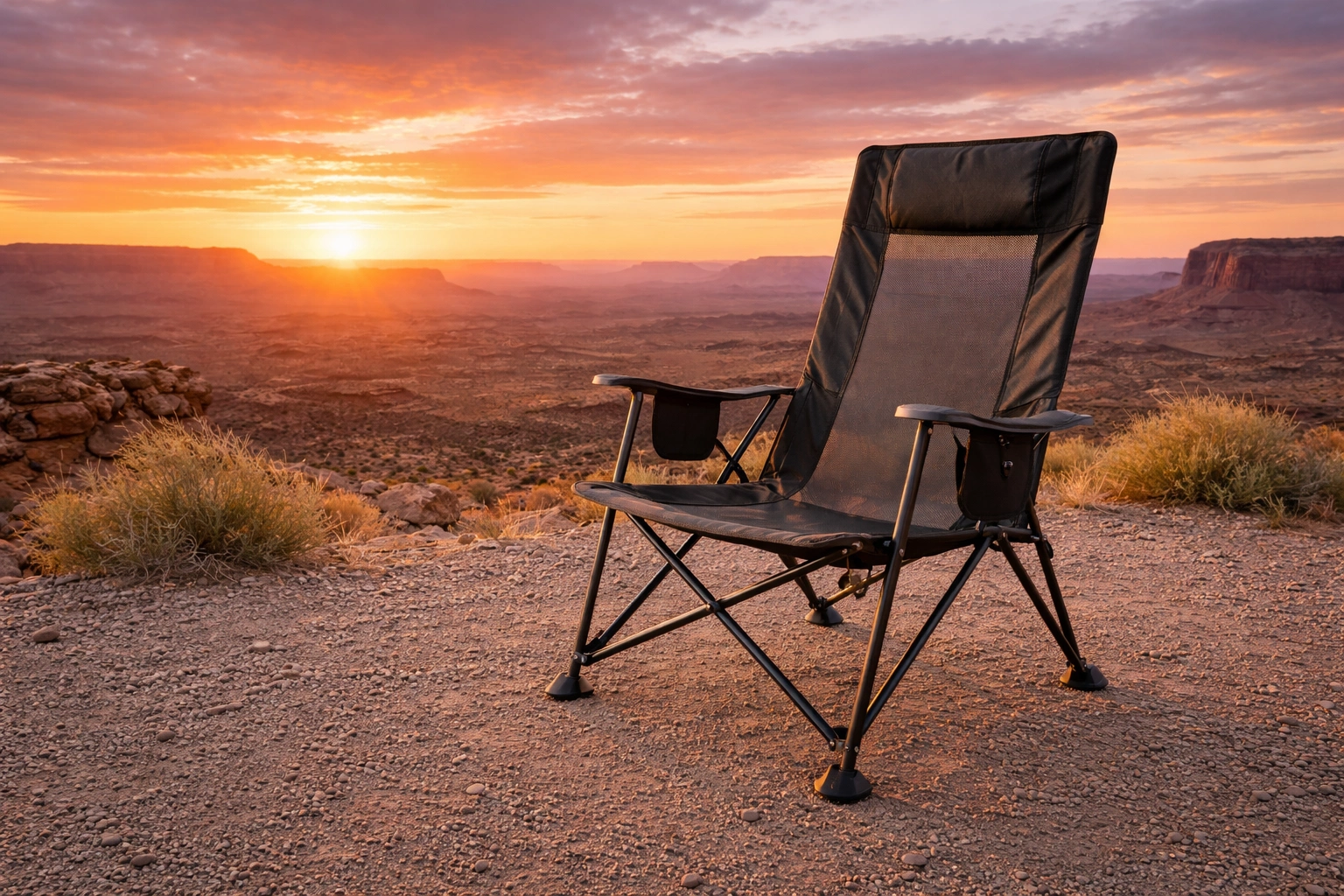 Single high-back camping chair with mesh panels sitting on gravel pullout overlooking vast desert landscape at dramatic sunset with orange and purple sky