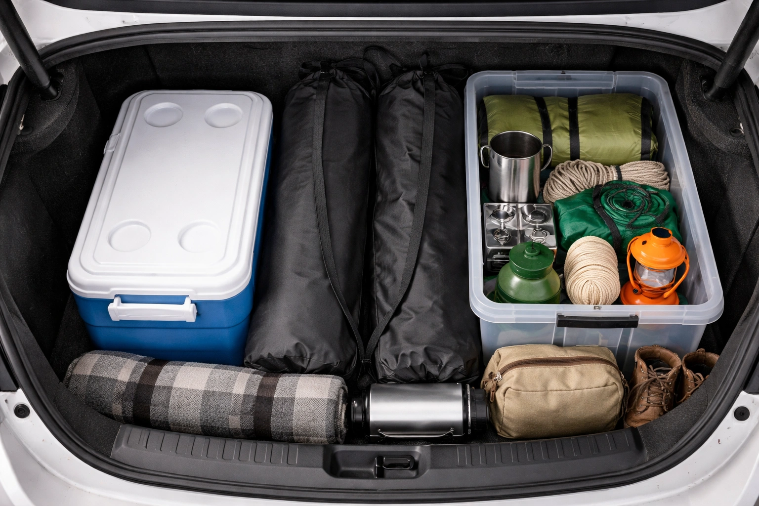 Overhead view of open car trunk with two folded camping chairs in carry bags wedged between cooler and tote box efficiently