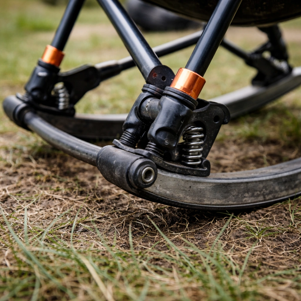 Close-up of rocking mechanism on a camping chair showing curved rails and spring hinges