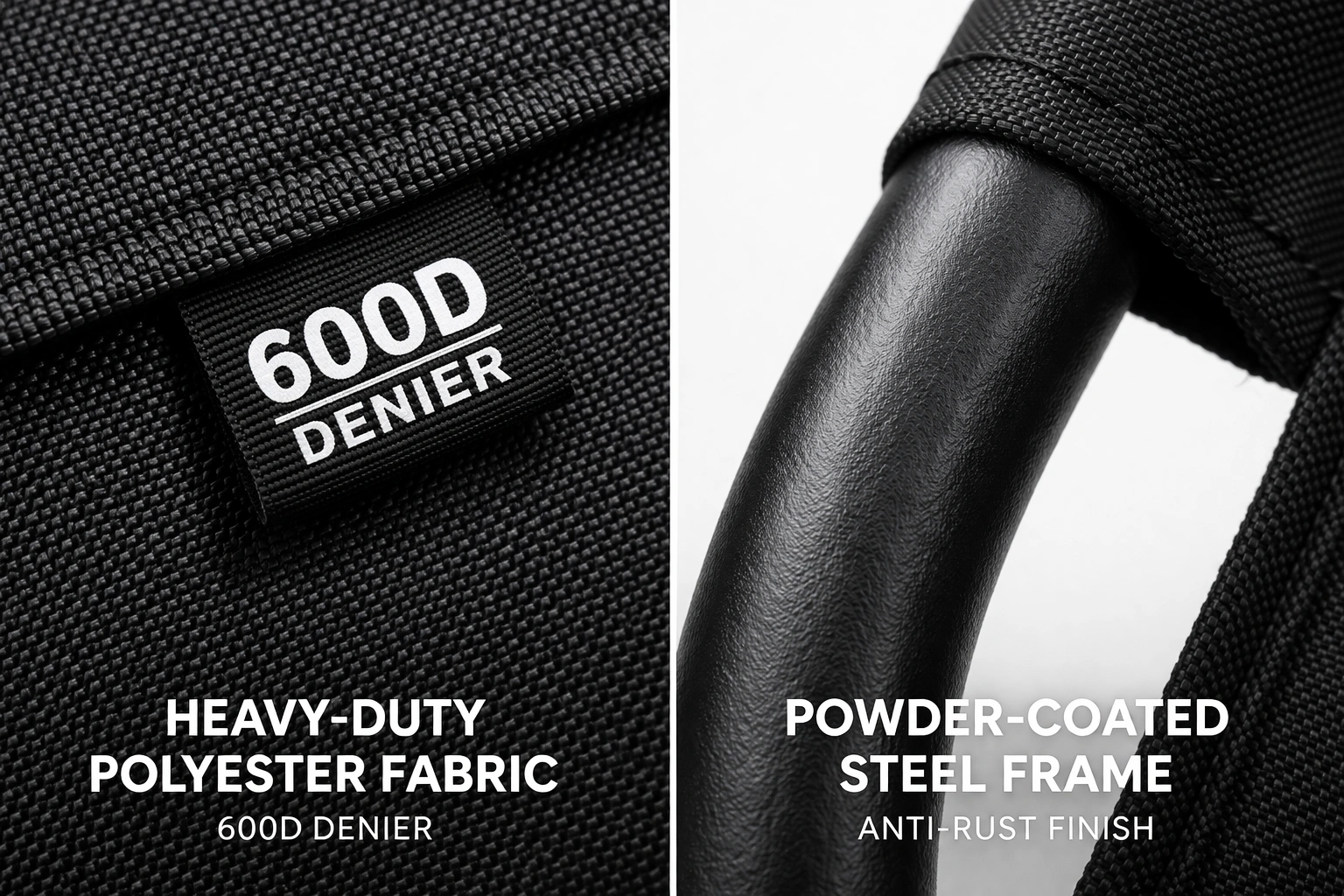 Close up of rocking camping chair materials: fabric texture and steel frame