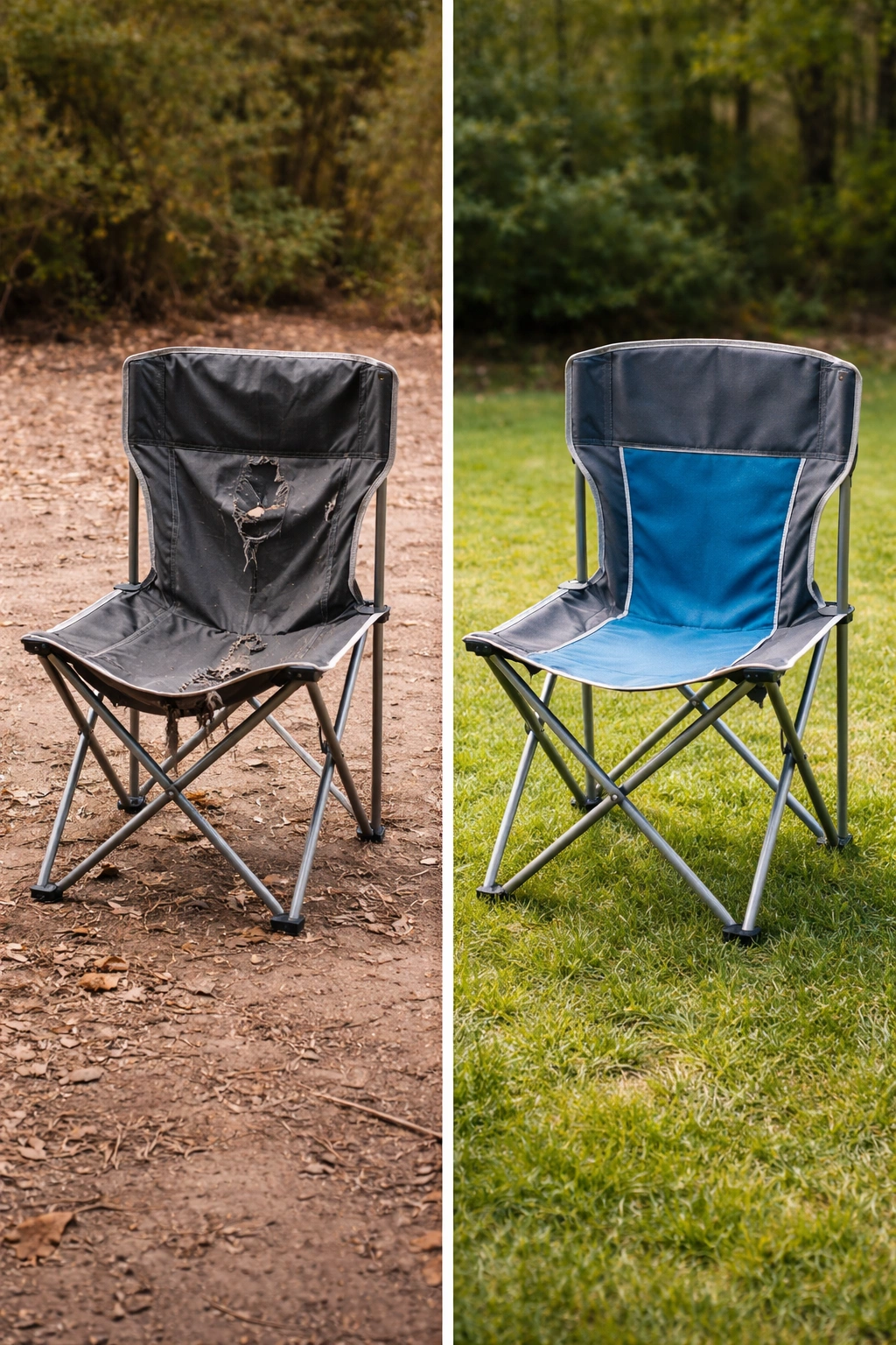 Before and after comparison of broken camping chair with torn fabric versus same chair fully repaired