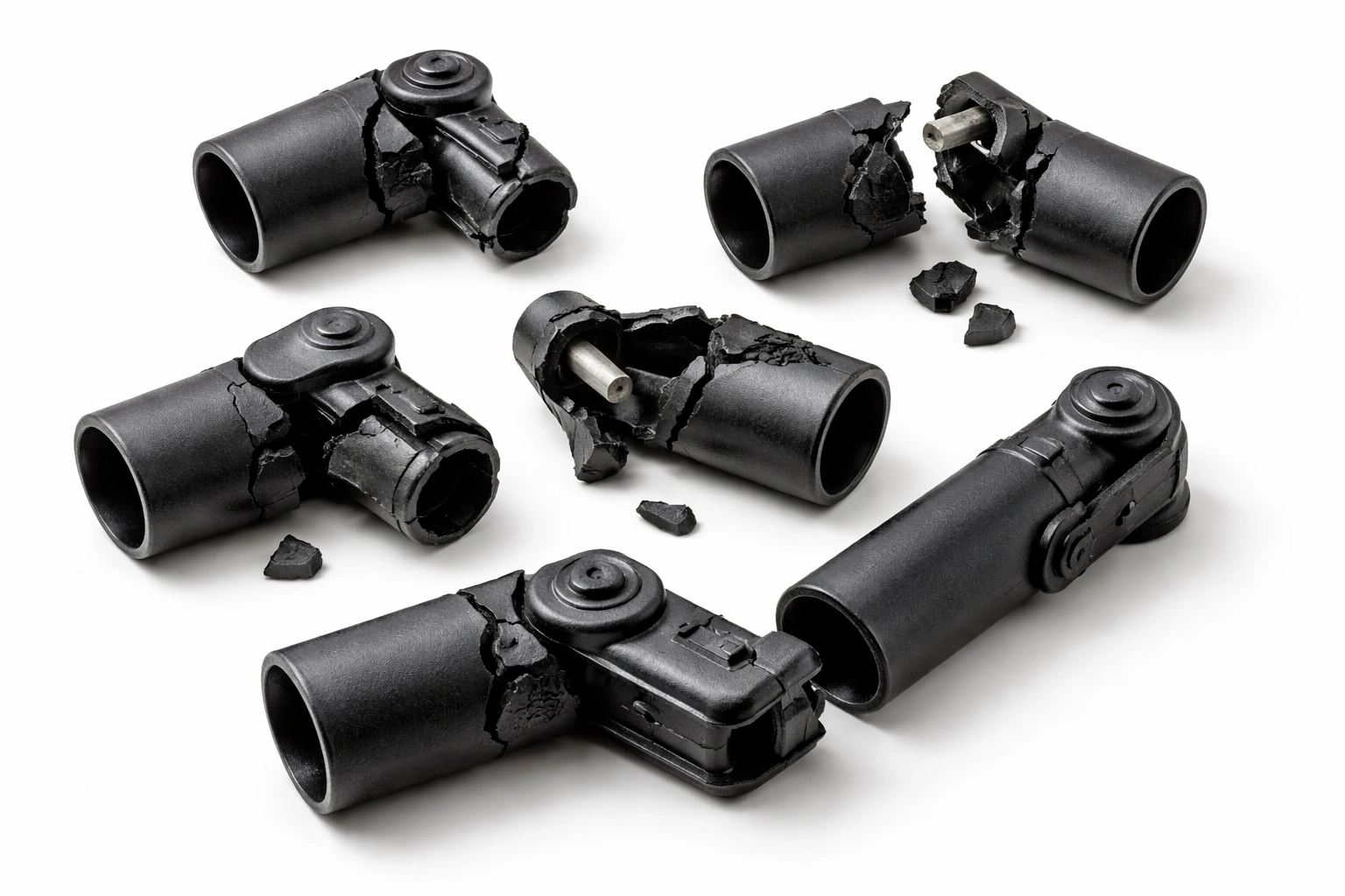 Broken plastic elbow connectors and hinge joints from folding camping chair arranged on white background
