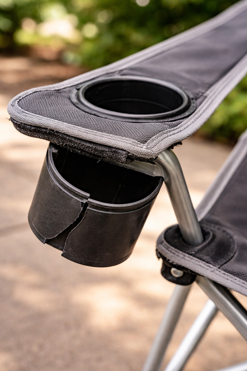 Broken cracked cup holder insert partially detached from camping chair armrest