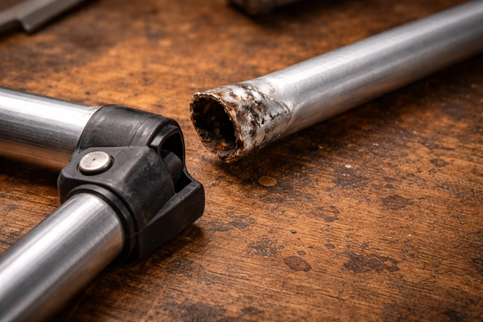 Close-up of bent rusted aluminum frame tube joint disconnected from plastic connector