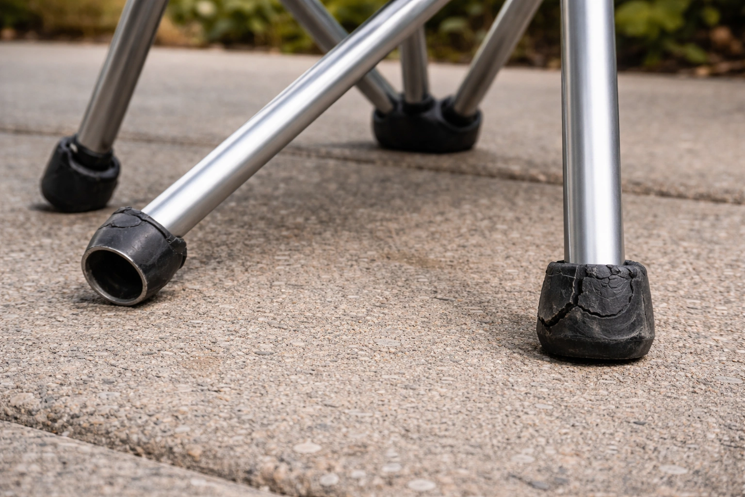 Worn-out and missing rubber leg feet on camping chair exposing bare metal tube on concrete