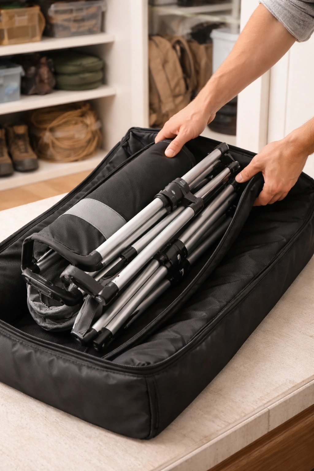 Clean well-maintained camping chair being placed into padded carry bag for storage