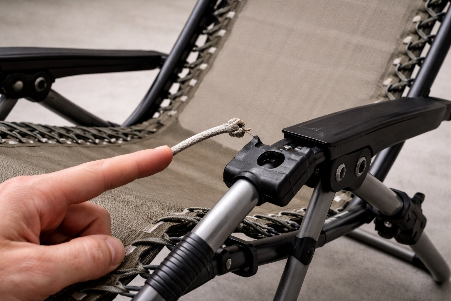 Broken reclining mechanism on camping chair with snapped elastic cord and damaged locking latch