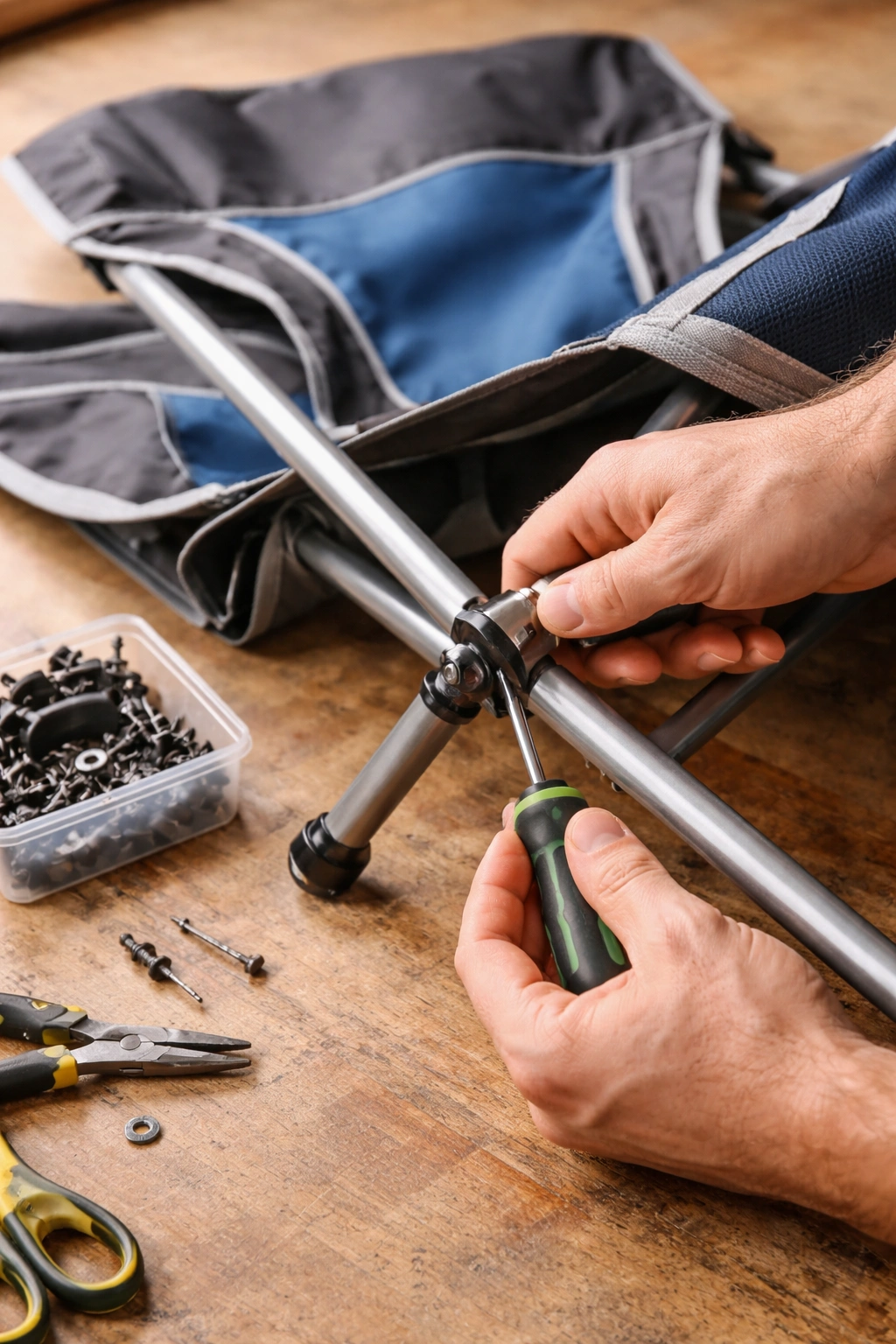 Hands installing new replacement component on camping chair frame with screwdriver