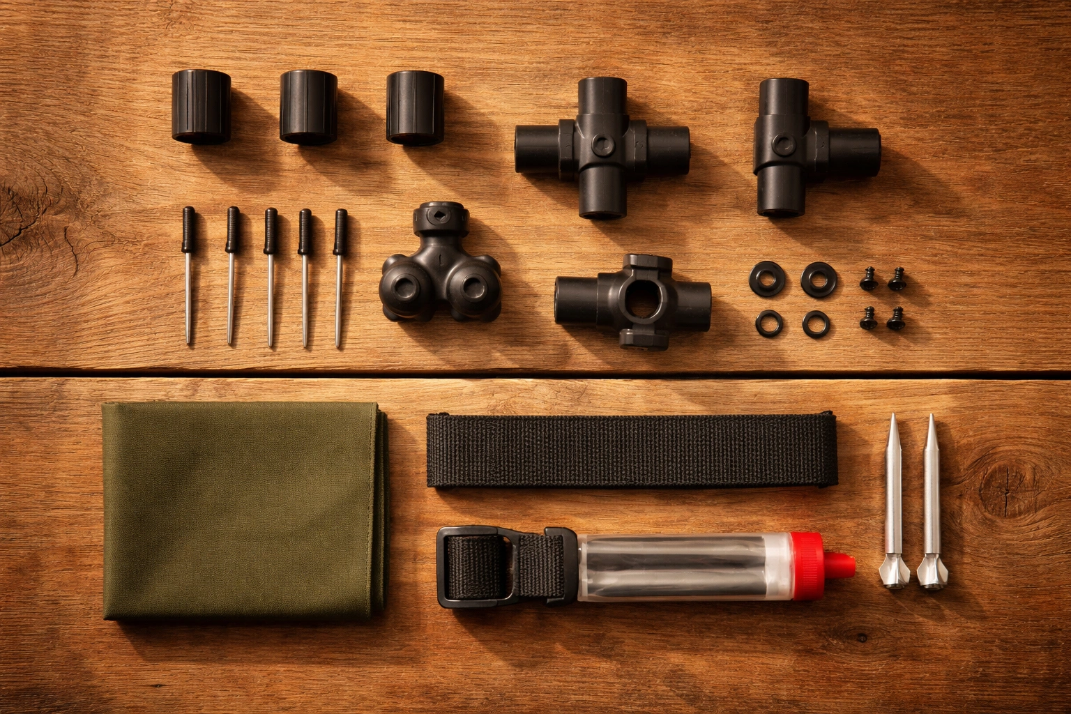 Flat lay of various camping chair replacement parts including rubber caps plastic connectors metal rivets fabric patch and adhesive on wooden table