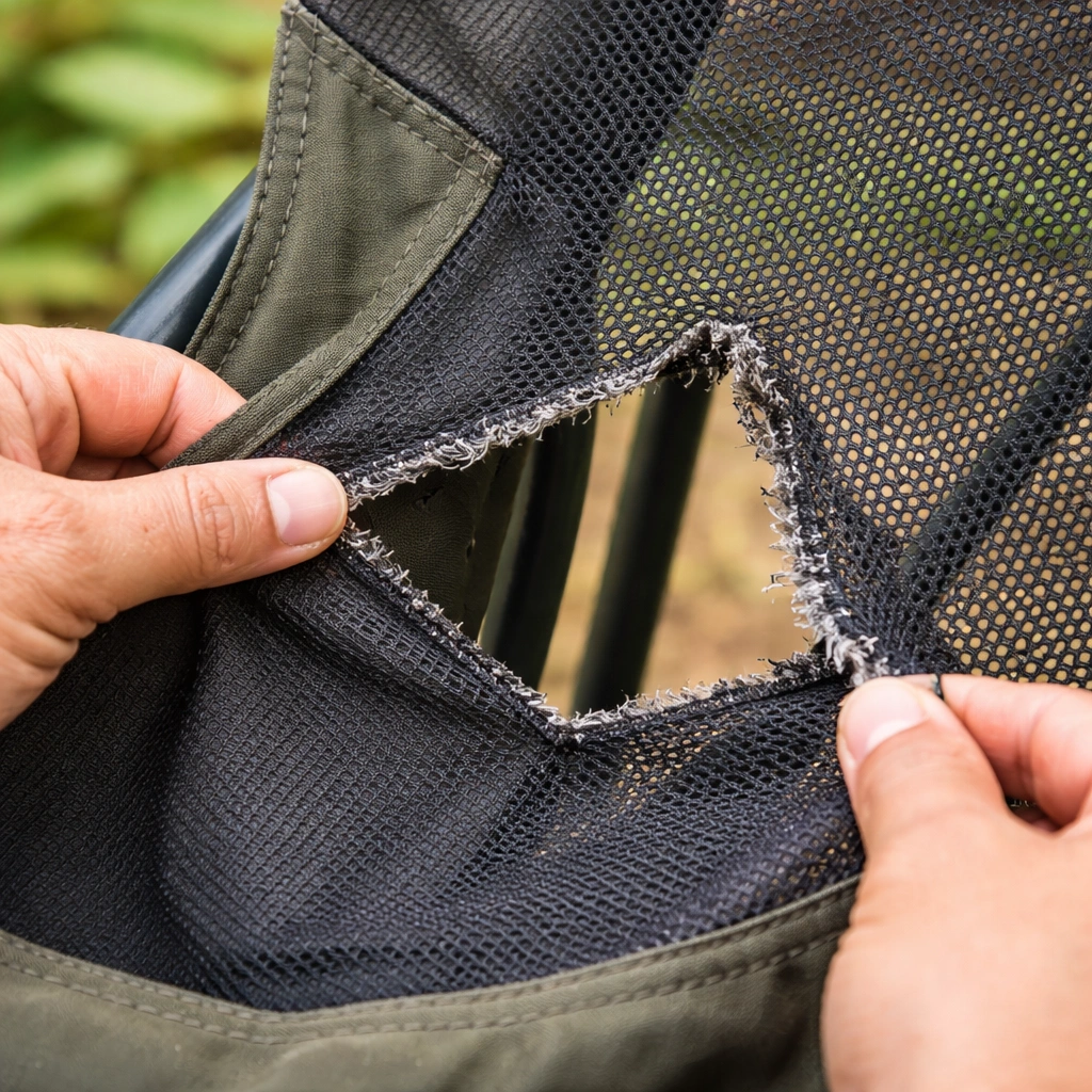 Close-up of torn polyester mesh seat fabric on camping chair with frayed edges