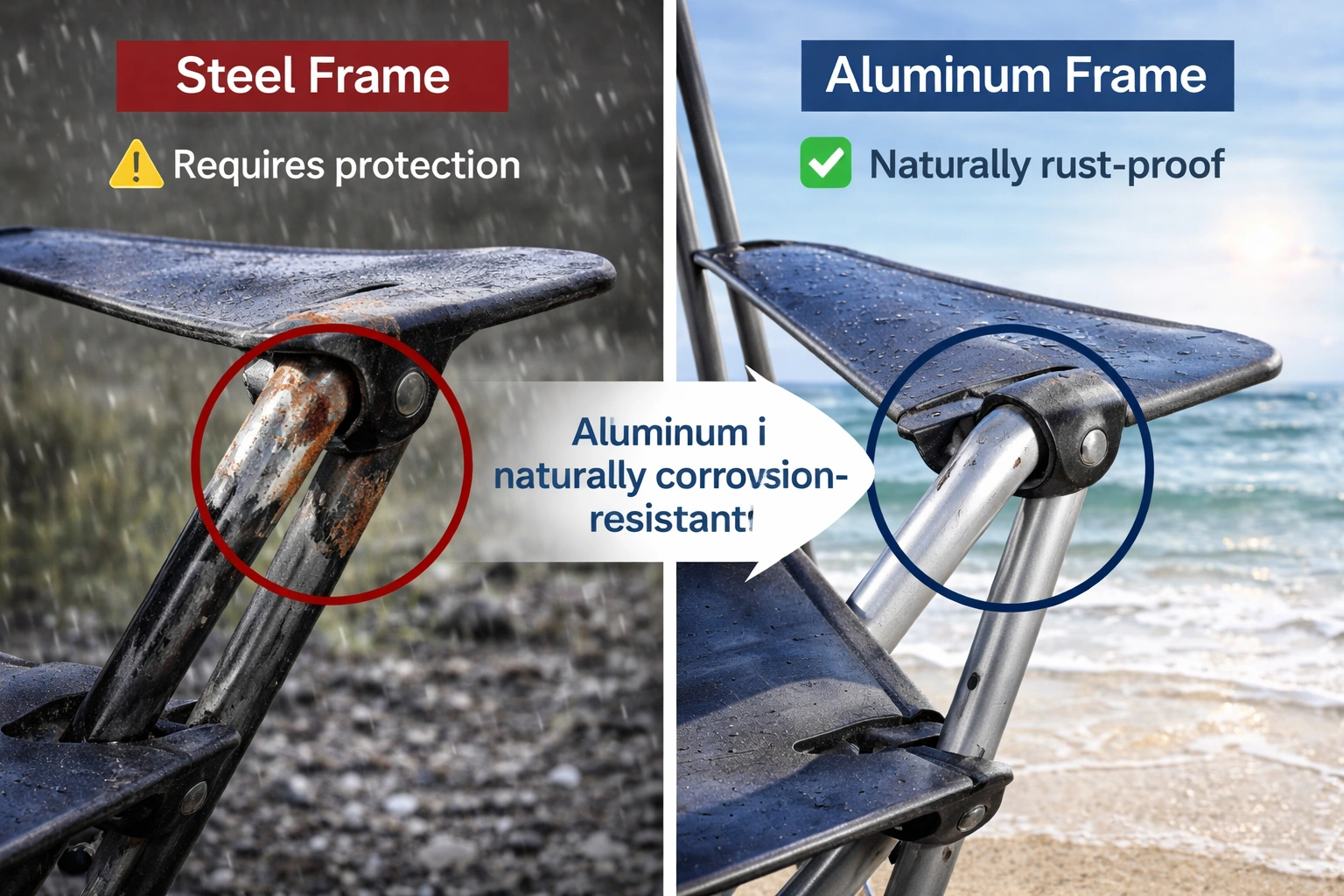 Comparison showing steel frame with rust spots vs aluminum frame in wet conditions