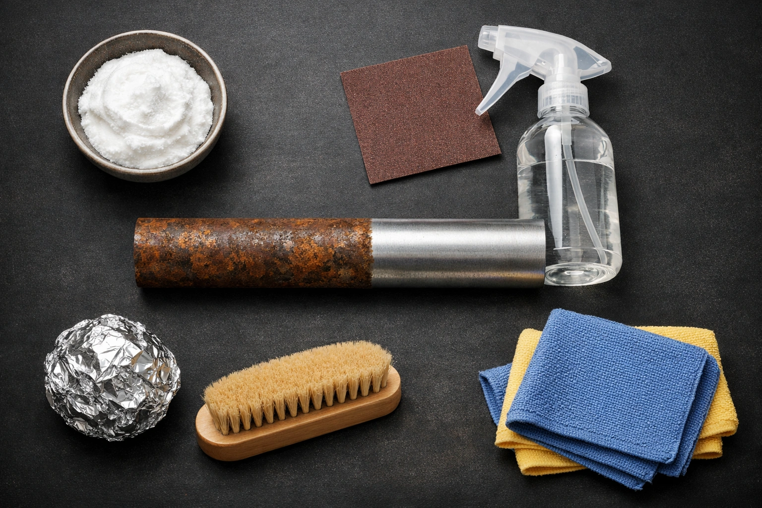 Flat lay of rust removal tools: baking soda paste, vinegar, sandpaper, brush, aluminum foil, and cloths with rusty metal tubing