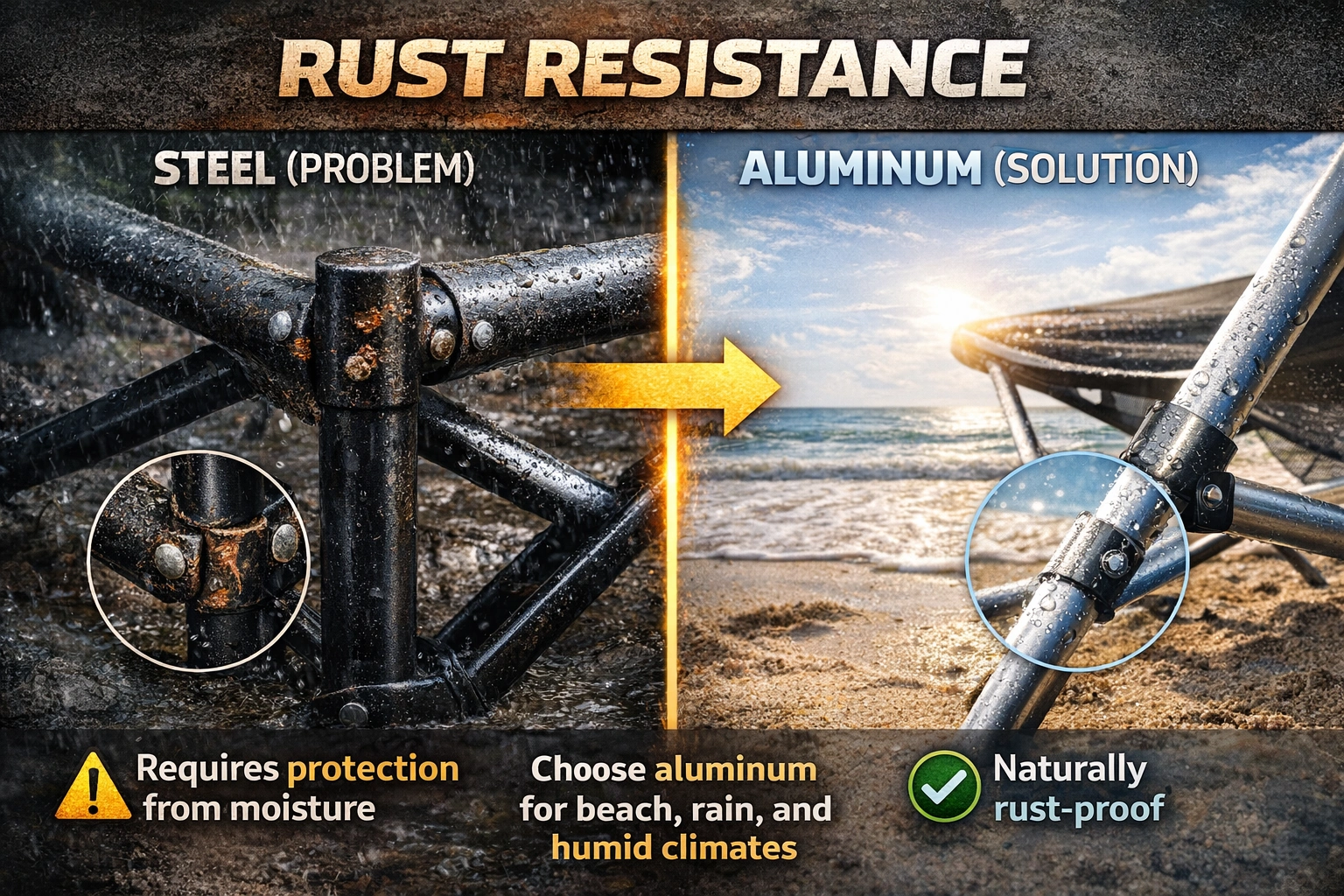 Comparison showing steel frame with rust spots vs aluminum frame in wet conditions