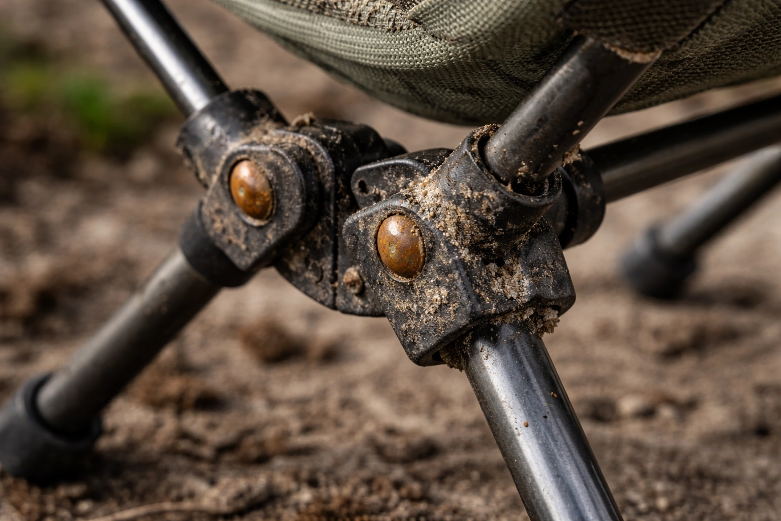 Rusty and dirty hinge joints on a camping chair frame showing corrosion buildup