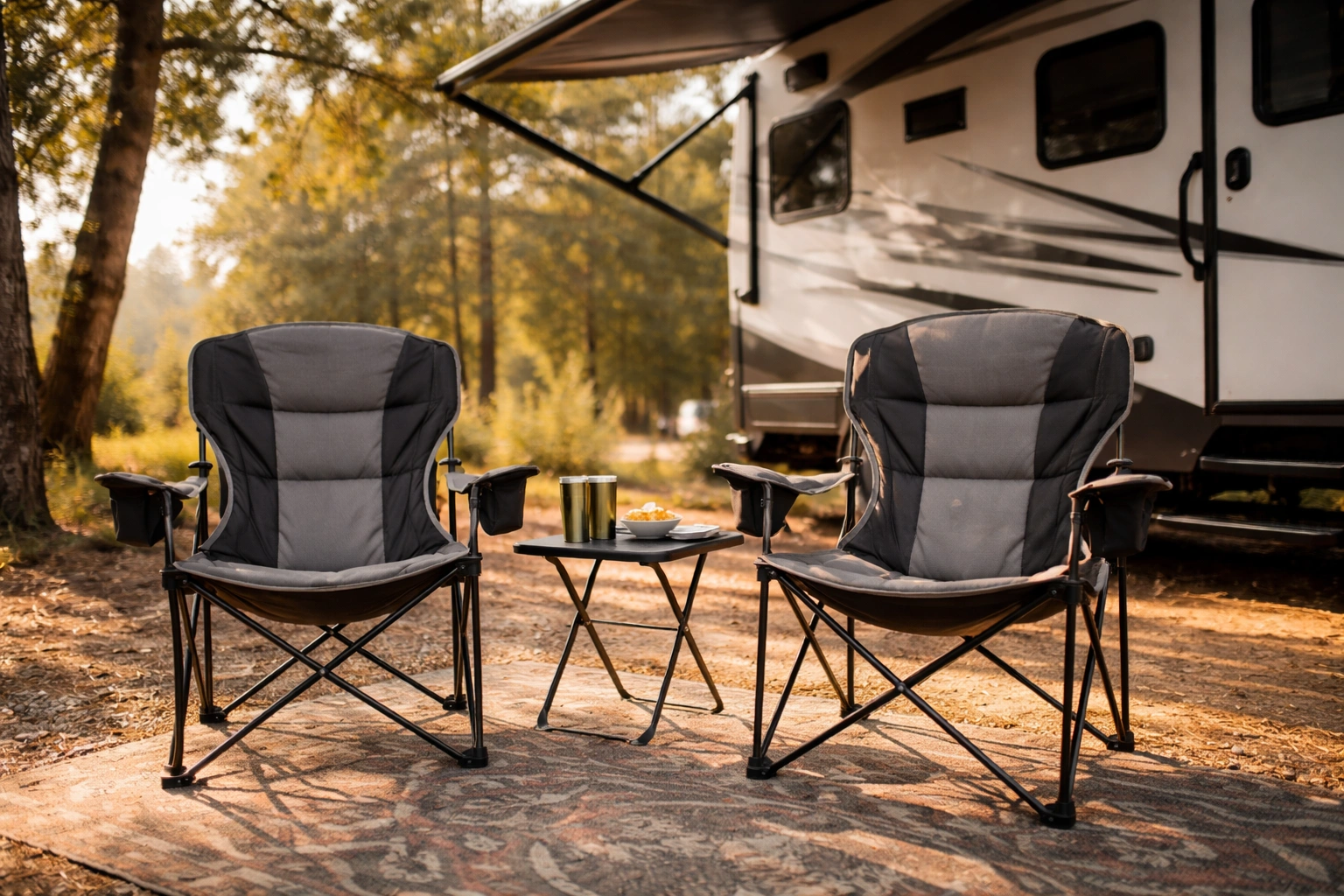 RV camping setup with heavy duty chairs, awning, and outdoor table