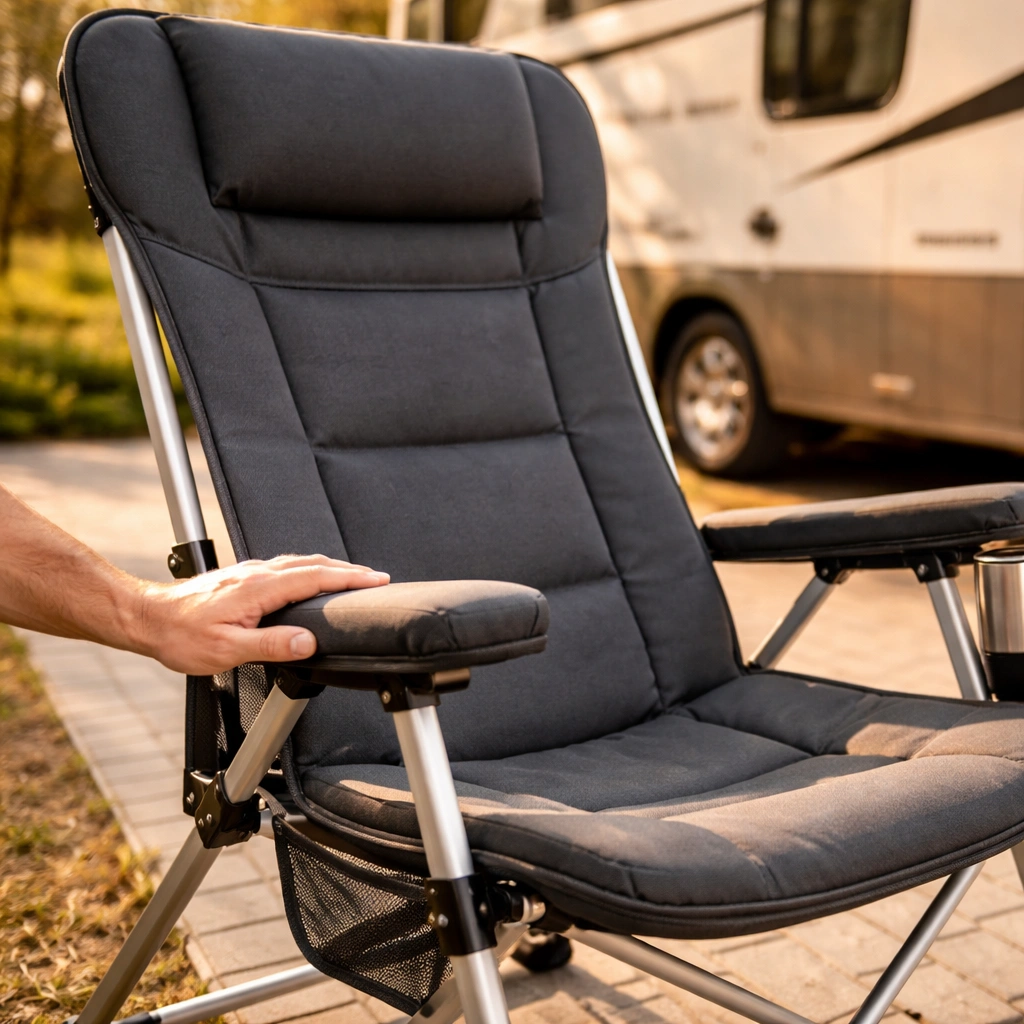 High-back camping chair with padded armrests showing cushion detail at RV campsite
