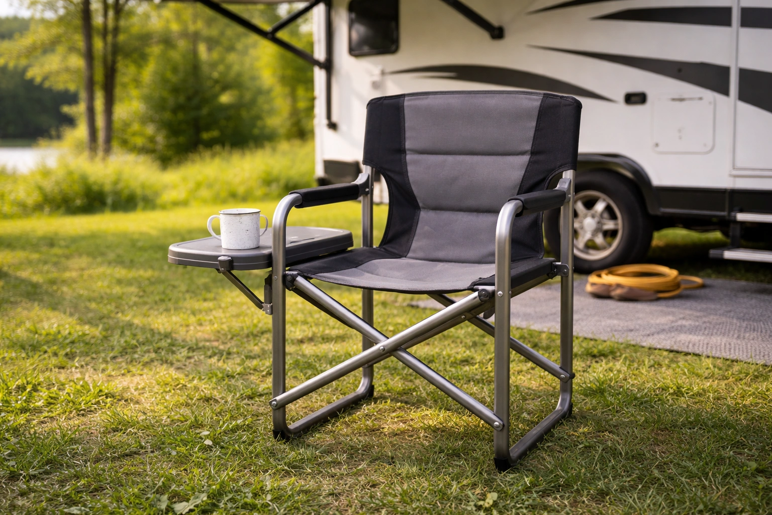 Director camping chair with side table holding mug and lantern at RV campsite