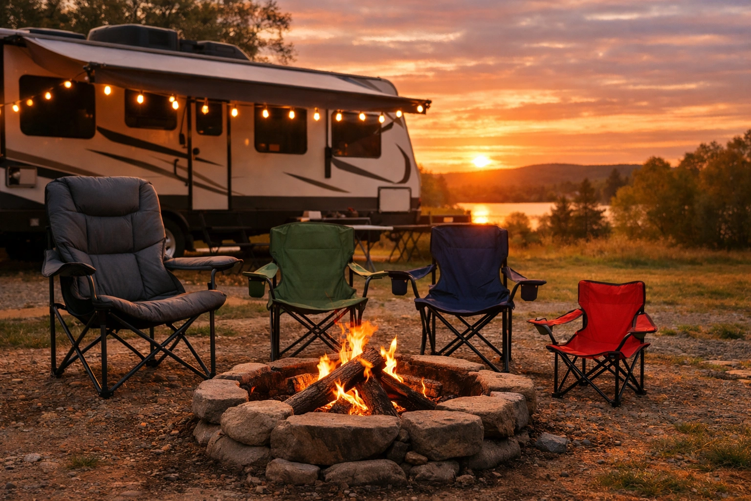 Four different camping chairs arranged around fire pit near RV at sunset with LED awning lights