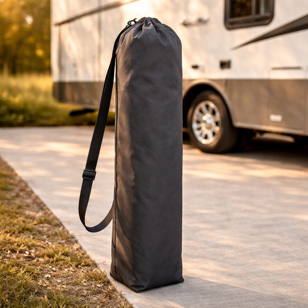 Folded quad camping chair in carry bag standing next to RV tire showing compact size