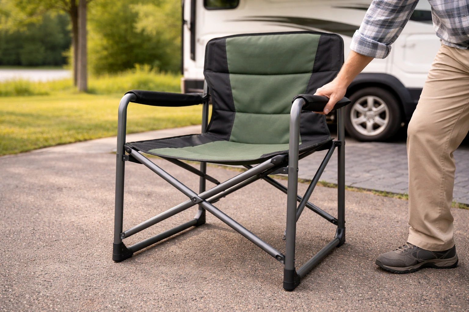 High seat height camping chair with padded armrests for easy entry and exit
