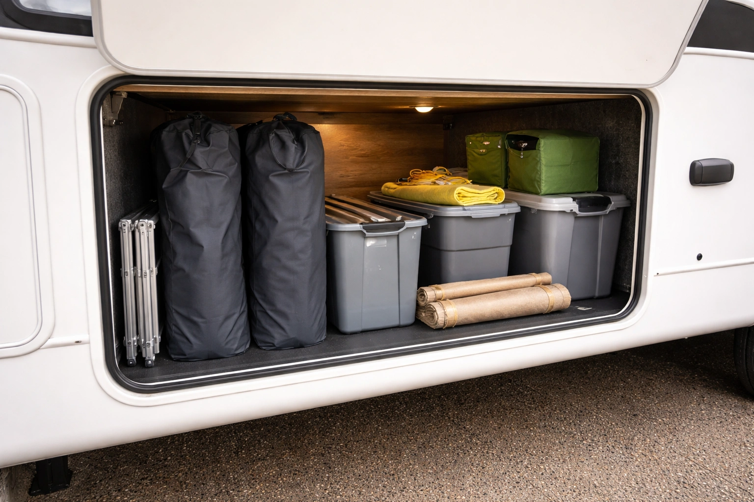 Two folded camping chairs in carry bags stored inside RV basement compartment