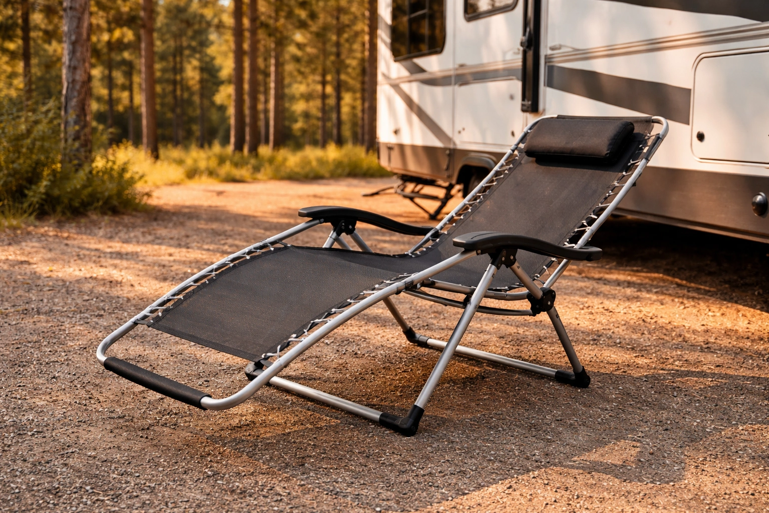 Zero gravity reclining chair in fully reclined position next to RV at campground
