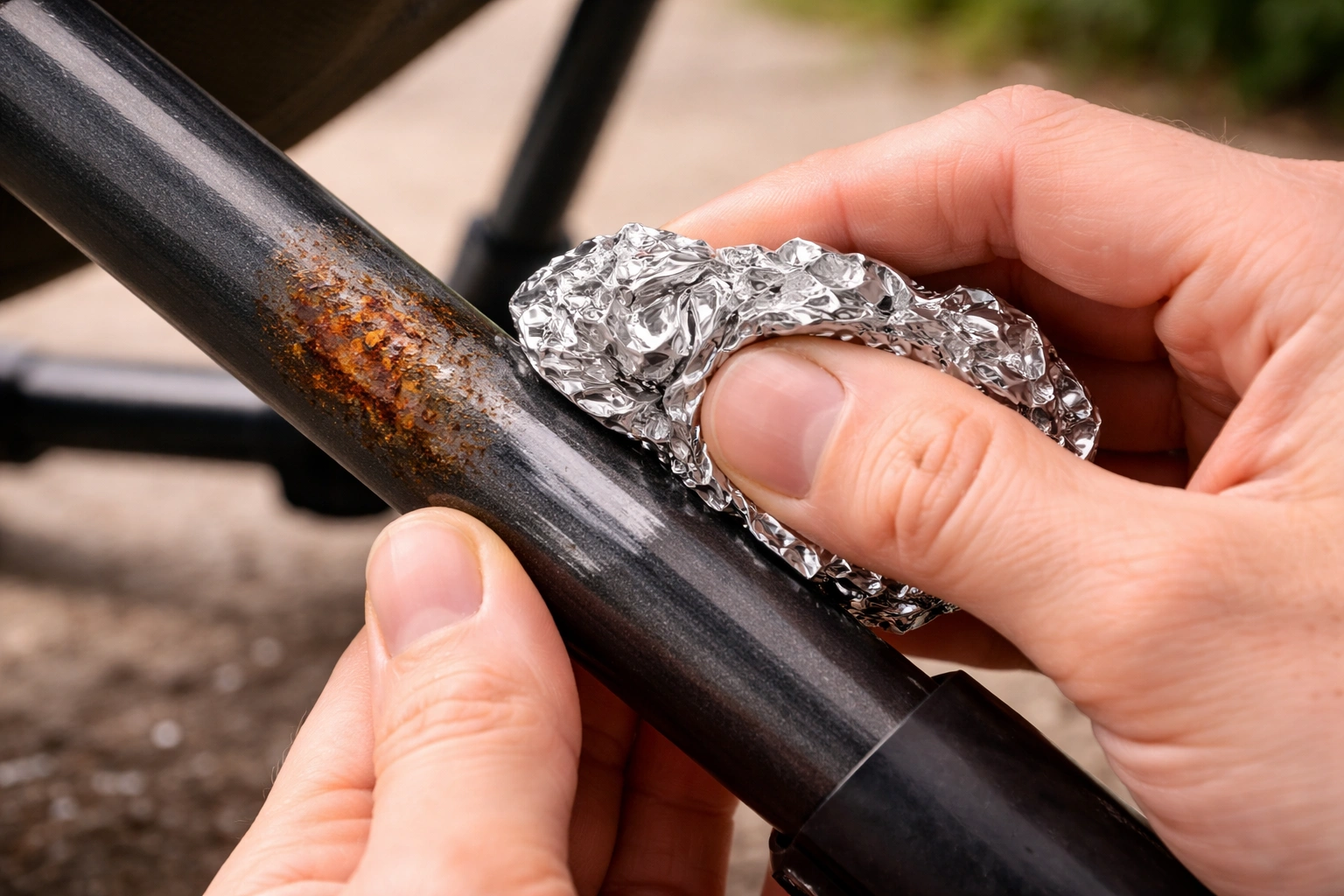 Hands using aluminum foil to scrub rust off metal camping chair frame tube