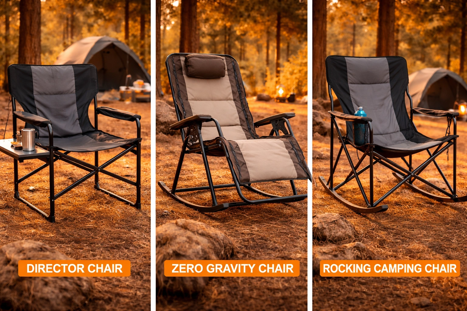 Senior-friendly camping chair styles: director, zero gravity, rocking