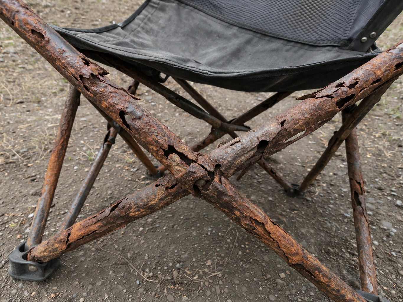 Severely rusted camping chair frame with deep pitting, flaking rust, holes in metal, and cracked weld