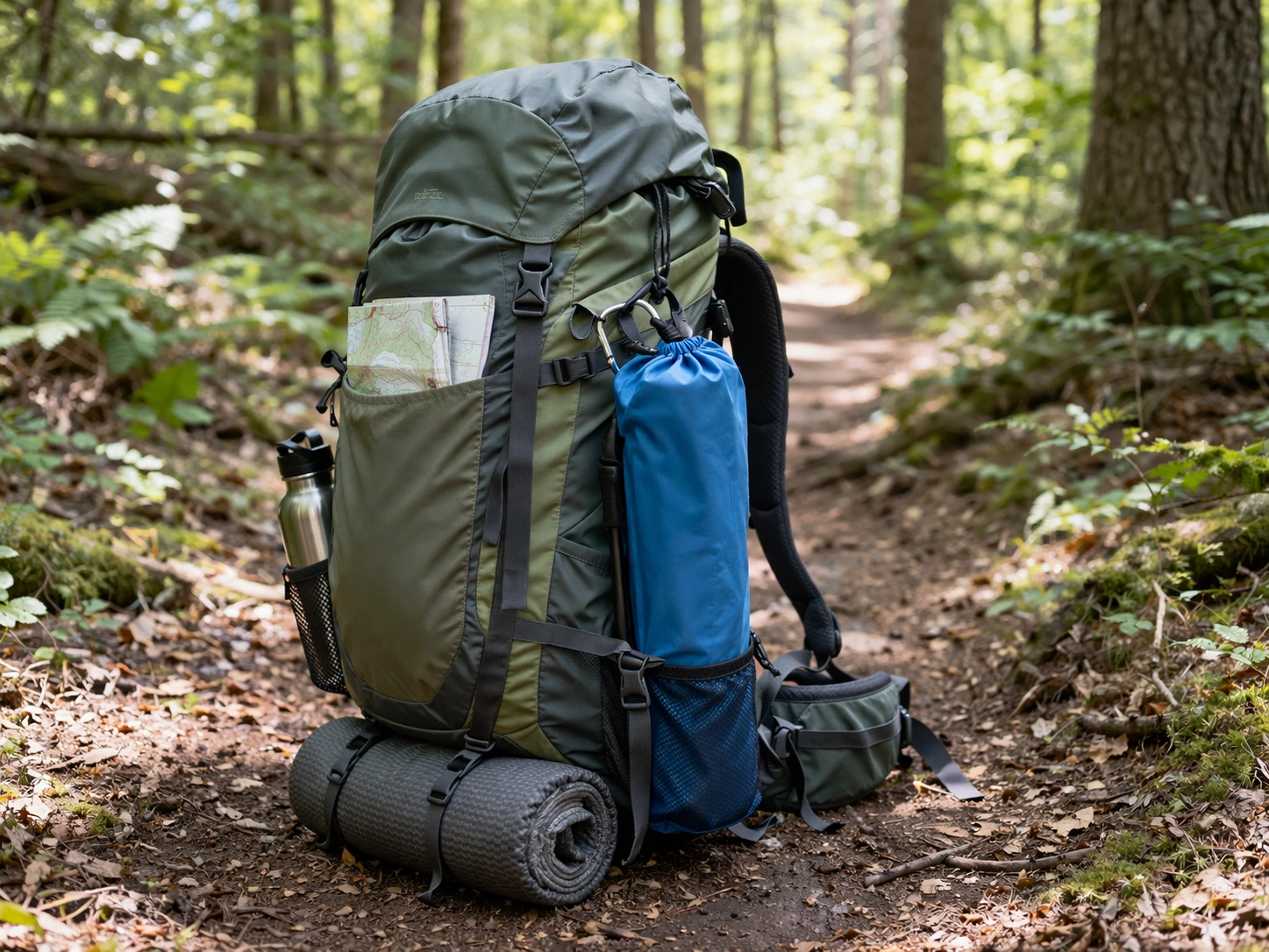 Collapsed camping chair in stuff sack clipped to outside of hiking backpack with carabiner on forest trail