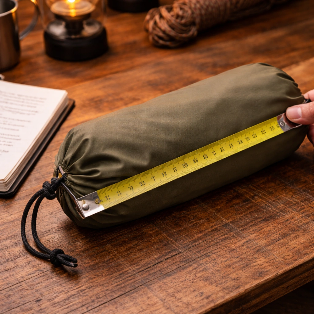 Hand holding measuring tape next to collapsed camping chair in stuff sack measuring packed length with notebook beside on wooden table