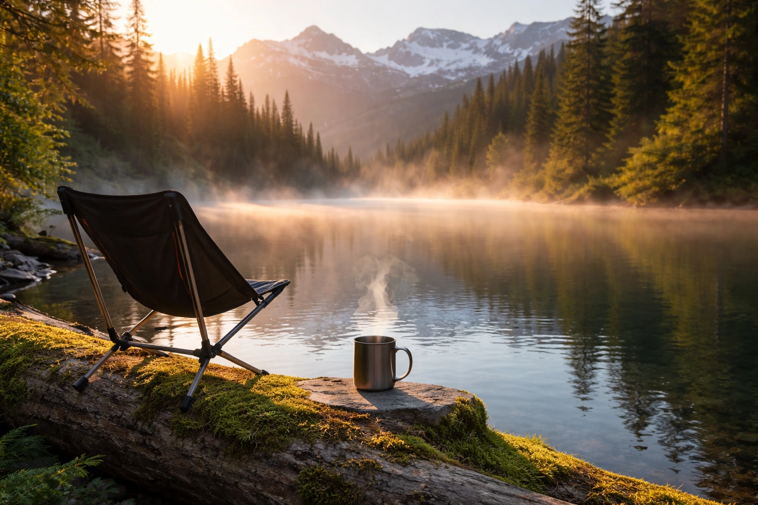 Tiny ultralight camping chair set up on mossy log beside alpine lake at sunrise with steaming coffee mug on rock and mist rising from water
