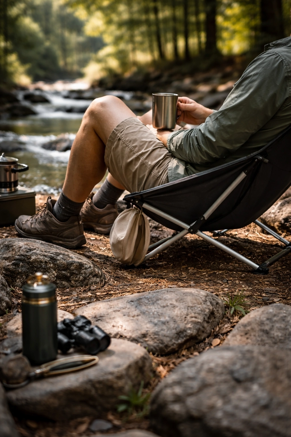 Person sitting in low-slung ultralight camping chair at wilderness campsite near stream showing low seat height