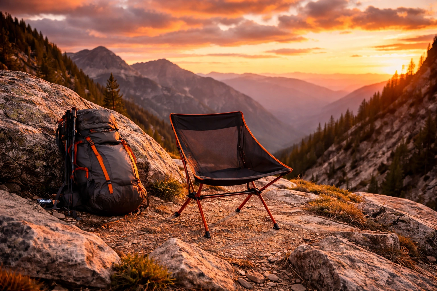 Ultralight compact camping chair set up on dramatic rocky mountain ridge at golden hour with hiking backpack beside boulder