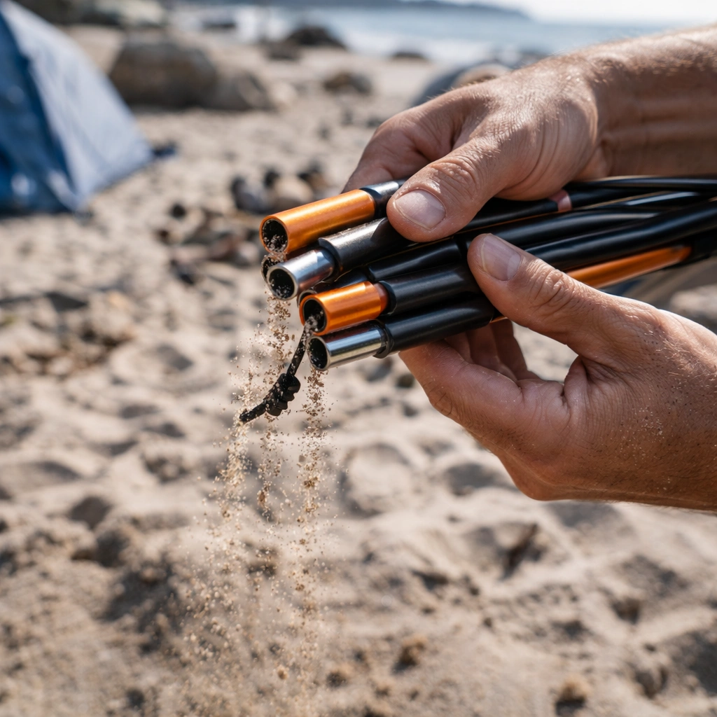 Hands shaking sand out of collapsed ultralight chair pole sections at beach campsite with sand particles falling