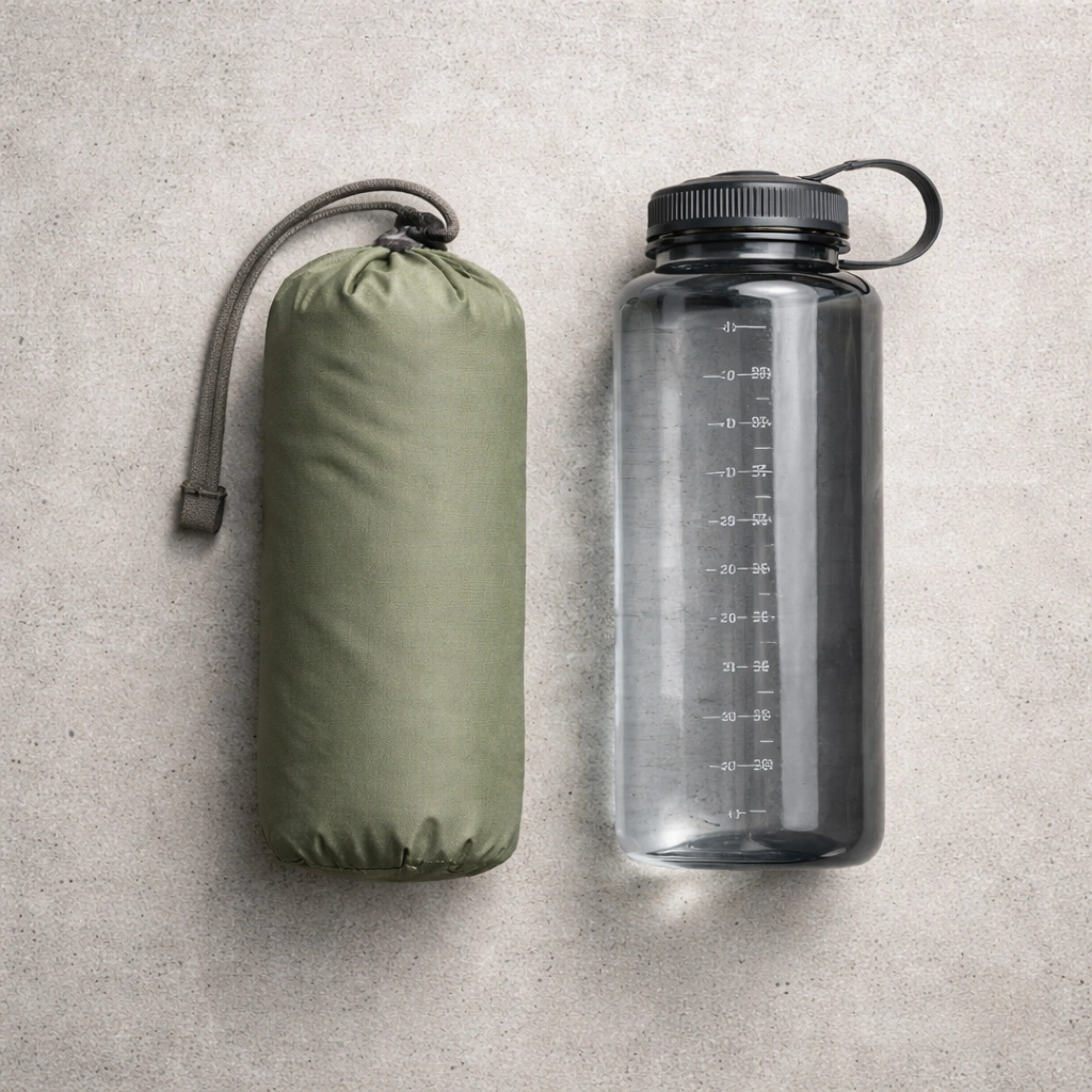 Collapsed ultralight camping chair in cylindrical stuff sack placed beside 1-liter water bottle for size comparison on grey surface