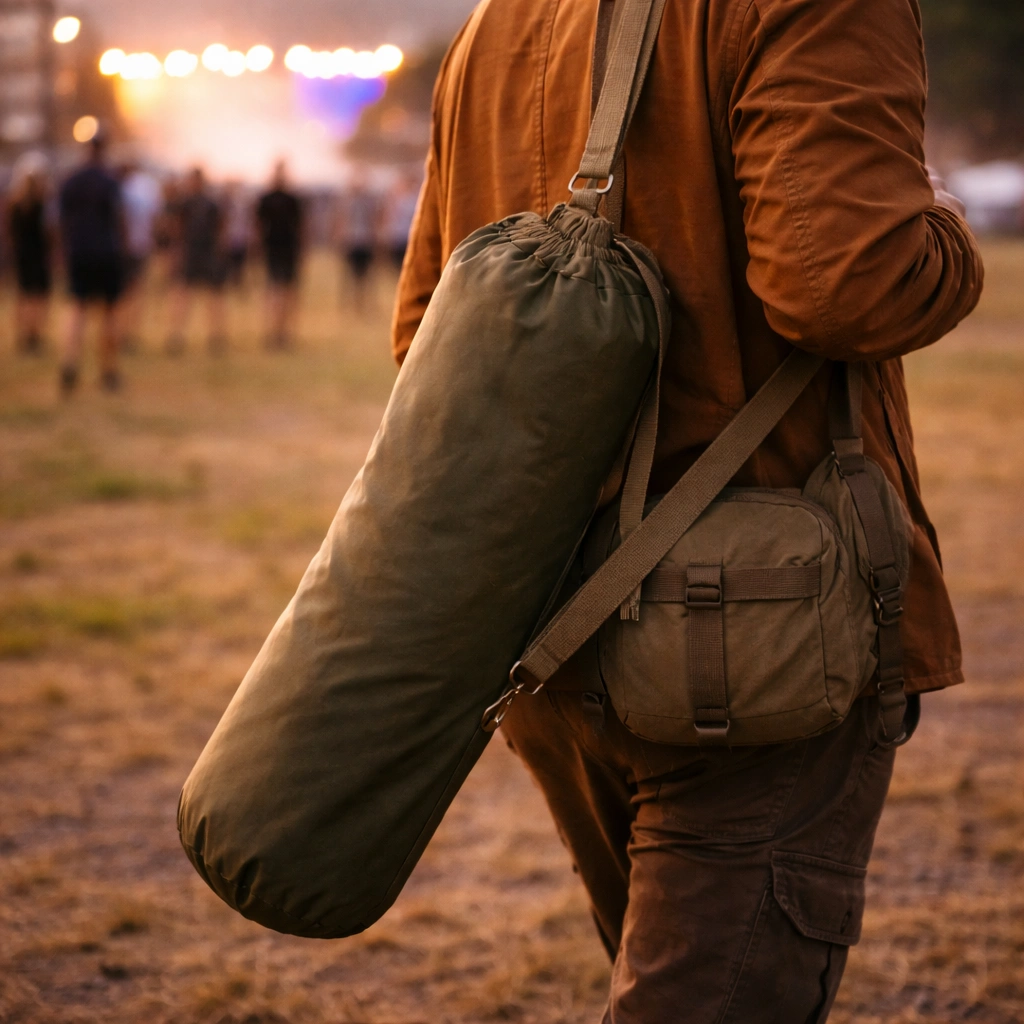 Person carrying compact camping chair by shoulder strap walking through festival field with stage lights in background