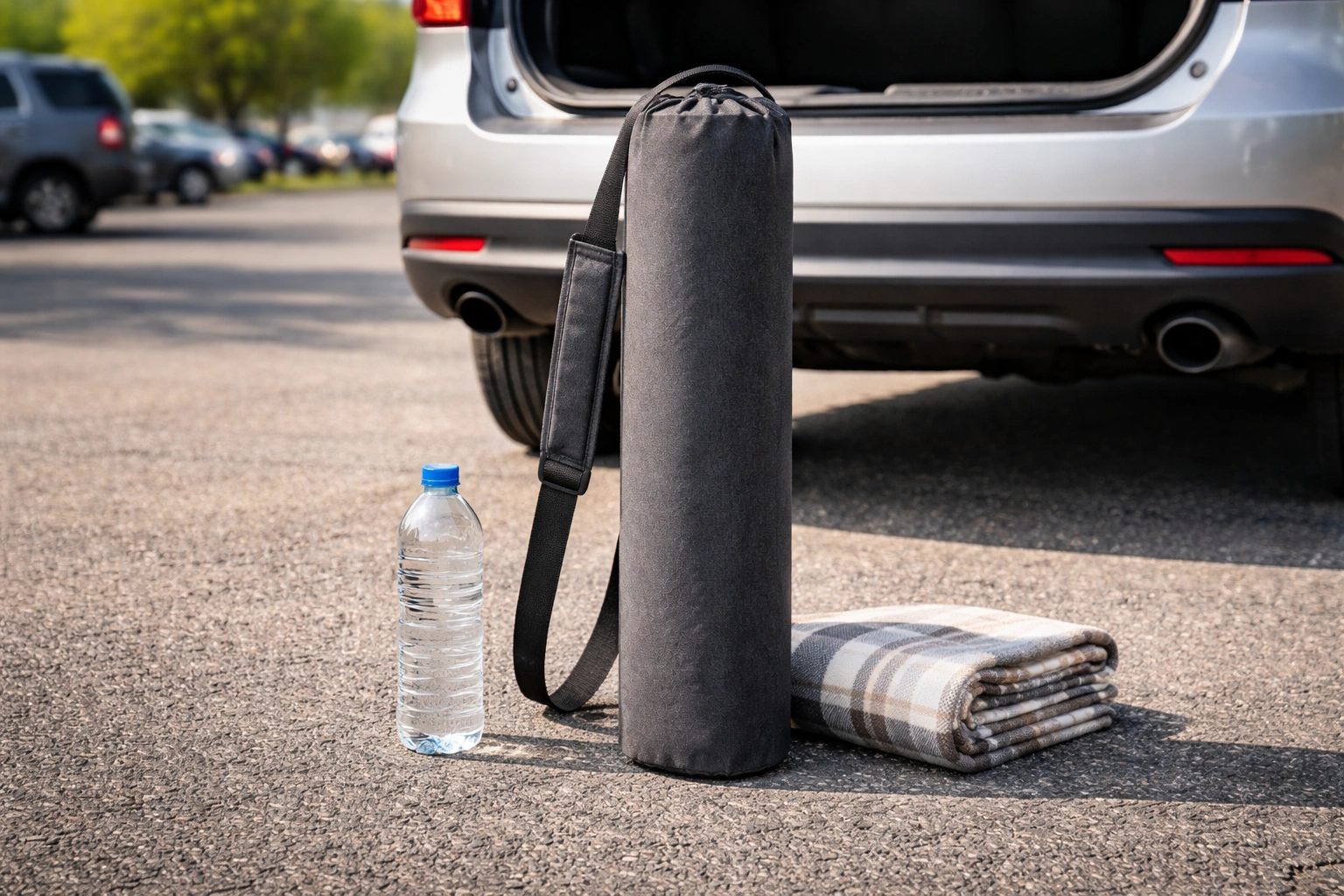 Folded chair in slim carry bag next to blanket and backpack on asphalt showing compact packed size