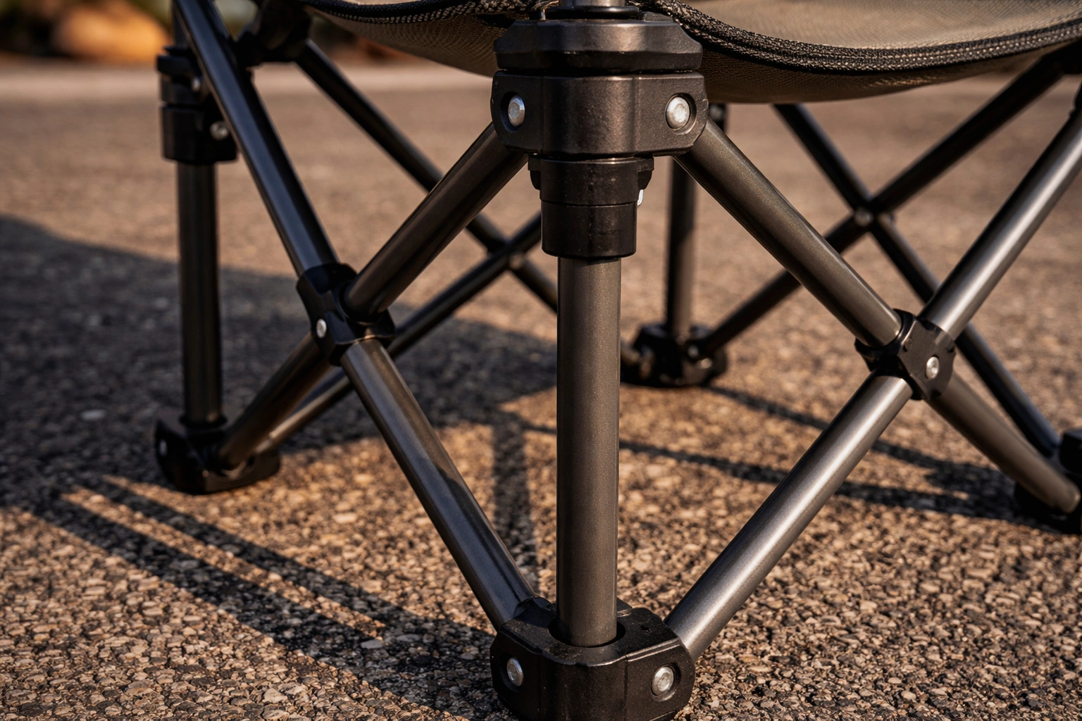 Close-up of thick-duty steel chair frame with reinforced welds on rough asphalt showing rugged build