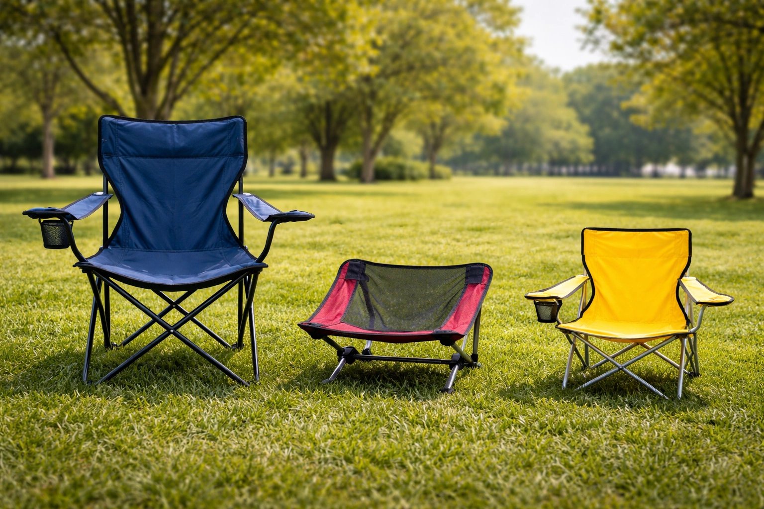 Three different chairs arranged on park grass showing standard blue chair low red chair and small yellow kids chair for family options