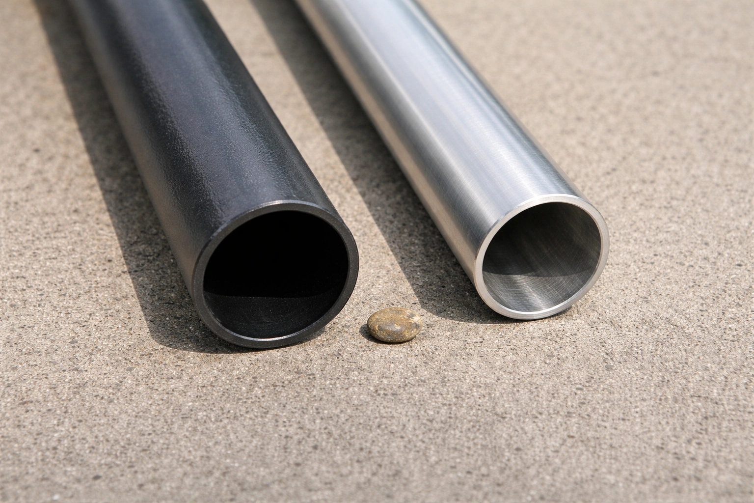 Side by side comparison of thick steel tube and thin aluminum tube showing weight and strength differences